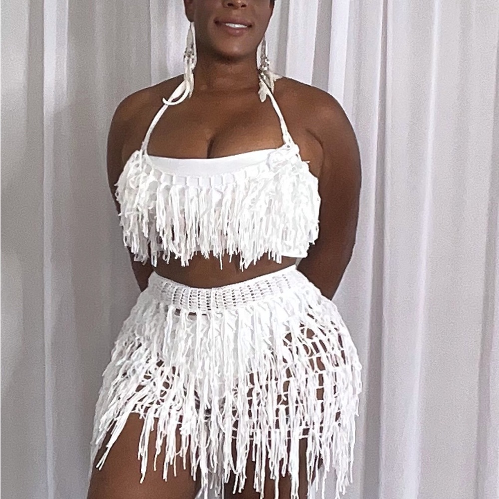 Pink and White Mini Cut Out Two Piece Coverup for Resort Wear